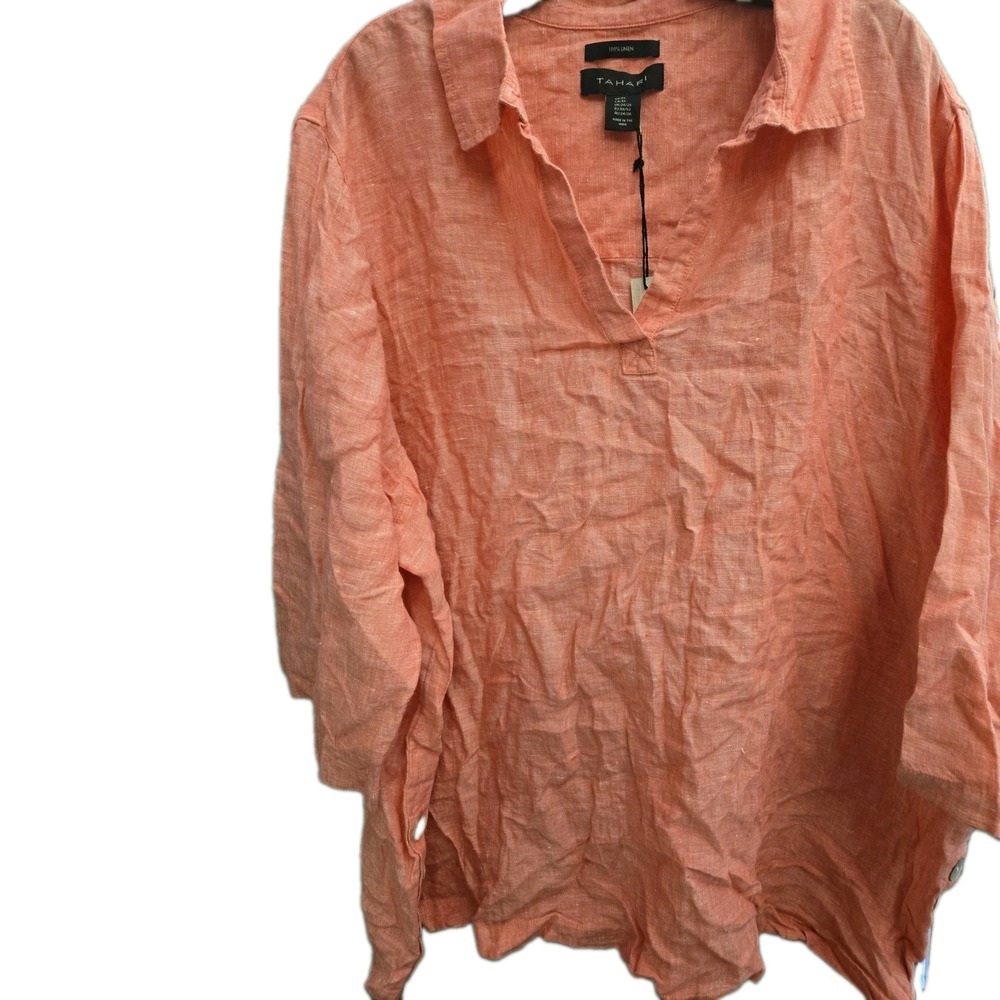 Tahari Linen Shirt Womens Size 3X Pink Button Detail Lagenlook Beach Lightweight